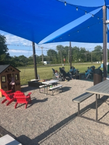 Picnic tables under the awning