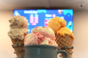 Ice cream cones and bowl on display