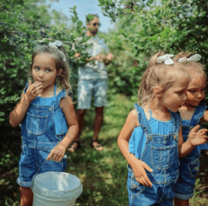 Children holding buckets of blueberries